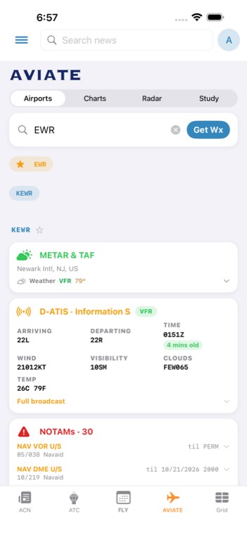 The AVIATE tab showing METAR, TAF and airport information